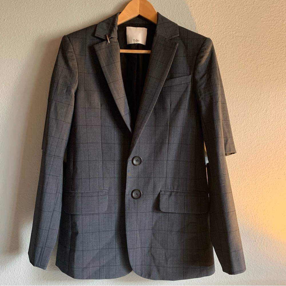 Tibi Windowpane Cut Out Gray Blazer size 2